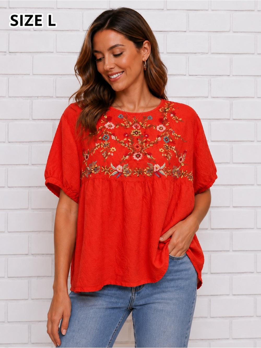 Women romantic embroidered feminine short sleeve beautiful blouse orange/ L